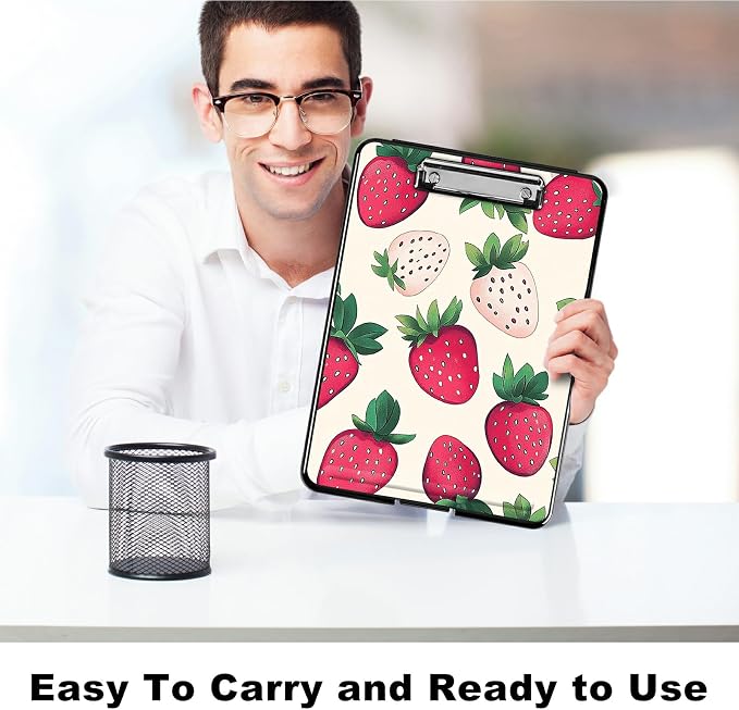 Heavy Duty Storage Clipboard, Slim Nursing Clipboard with Internal Pen Case, Portable File Organizer Case for A4 Letter Size Paper Office Medical Professionals, Pink Strawberry