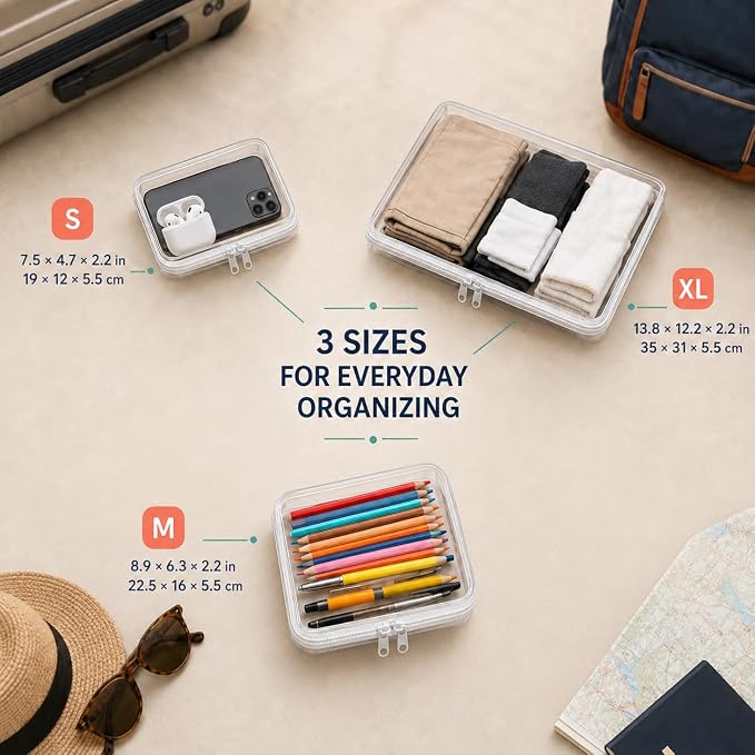 SELFIE CAT 5Pcs Clear Zipper Cases, Water Resistant Travel Organizers | Rigid clear PET, smooth double zippers, 3 stackable sizes for toiletries, cosmetics, stationery and household essentials