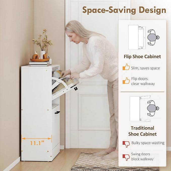 HOMCOM Shoe Cabinet with 2 Flip Drawers, up to 12 Pairs, White | Narrow Storage Cabinet, Adjustable Dividers, Entryway Shoe Storage Unit, for Hallway