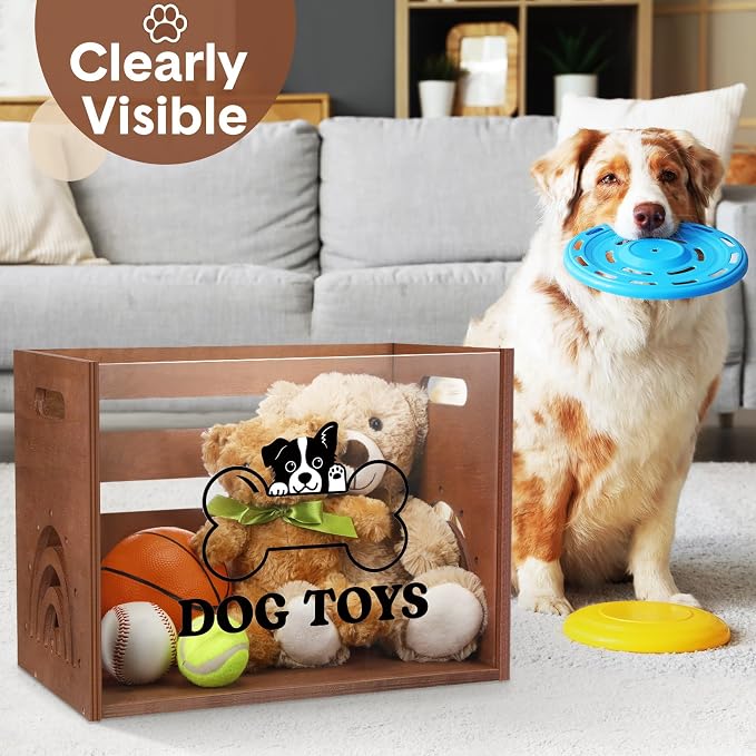 Beeveer Large Dog Toy Basket Dog Toy Box Wooden Storage Bin with Acrylic Board Storage Box for Puppy Toys Pet Food and Accessories Organizer Holder Basket for Living Room Area(Brown, Dog)