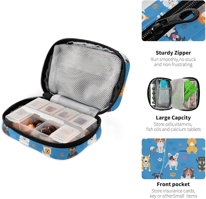 Cute Dogs Pill Organizer Case, Portable Weekly Pill Box Bag Container 7 Days Pill Vitamin Supplement Holder with Zipper for Travel Family Business