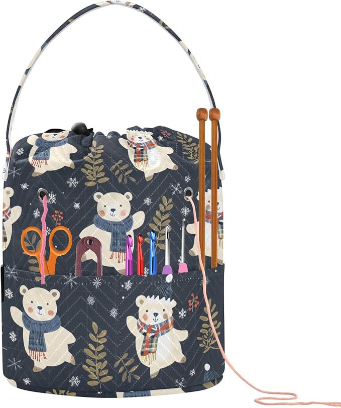 Fustylead Xmas Happy Bears Over Blue Plaid Checked Yarn Storage Bag and Knitting Crochet Tote, Large Yarn Drawstring Basket for Crocheting Kit, Project, Sewing Supplies, Needles