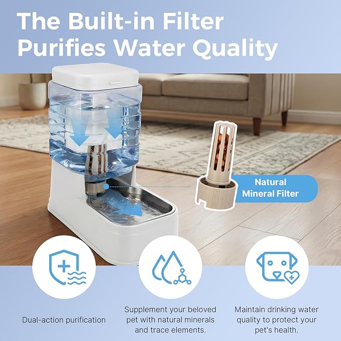 Automatic Cat Feeder and Water Dispenser with Stainless Steel Bowl with Ice Pack Gravity Food Feeder and Waterer Set Feeding Raised Bowls with Filter for Dog 1.3 Gallon x 2(White)