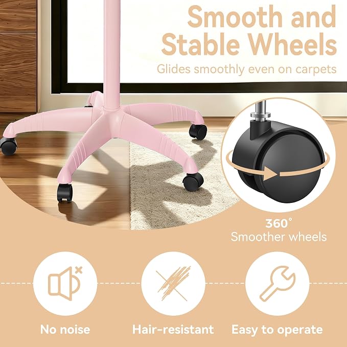 37" Rolling Salon Tray on Wheels Pink, Adjustable Height | Aluminum, Tool-Free Assembly, Stable Base, 360 Mobility, For Spa Clinic Tattoo Studio and Home Salon Use