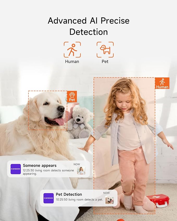 4MP Camera for Home Security, Free 32GB SD Card, Non-Subscription AI Human/Pet/Crying Detection, 2.5K Dog Cat Pet Camera with Phone APP, 360° Coverage, 2-Way Talk, IR Night Vision, 2.4G WiFi