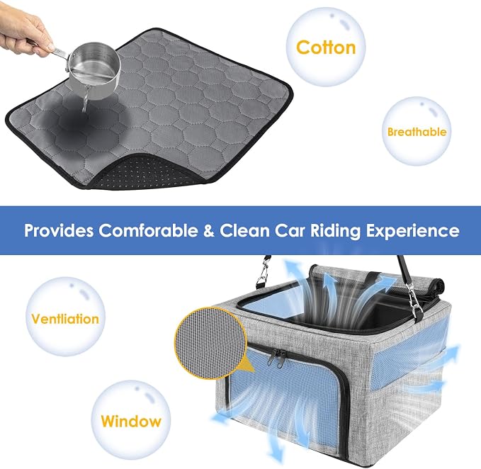 SlowTon Dog Car Seat - with Reinforced Metal Frame for Pets up to 15lbs | Safe Pet Car Seat with Safety Belt & Waterproof Pee Pad & Top Cover, Portable Collapsible Puppy Carrier Bag for Small Dogs