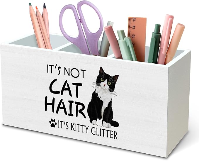 DILSJ Funny Tuxedo Cat Pen Pencil Holder Organizer for Desk, Tuxedo Cat Lovers Gifts for Women Men, Gifts for Pet Lovers, Funny Kitten Wooden Box Signs for Home Office Desk Tabletop Decoration