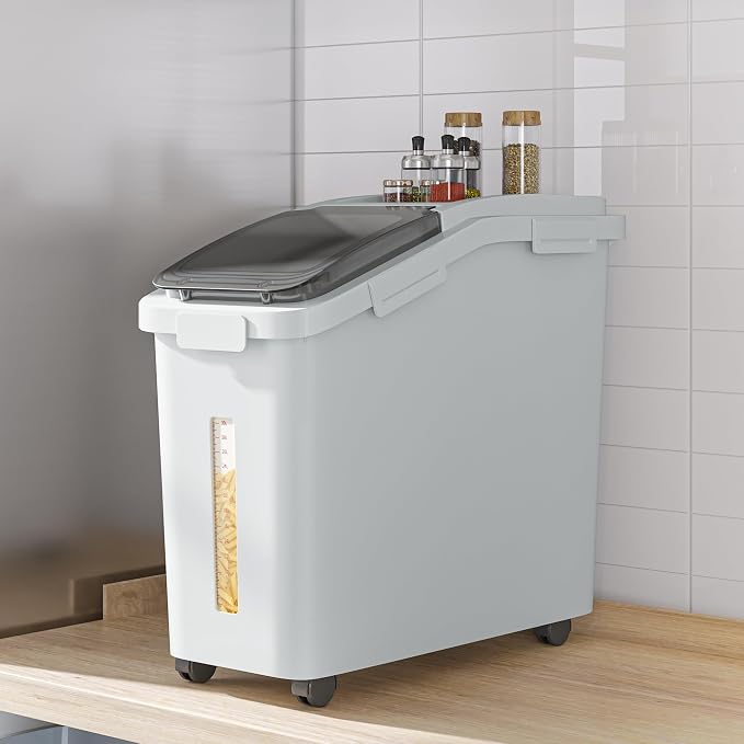 YITAHOME Large Flour Storage Container, 11.4-Gallon Commercial Rice Storage Bin 280 Cups with Wheels Shelf-storage Bin with Scoop and Lid, Rice Bin for Kitchen, Gray