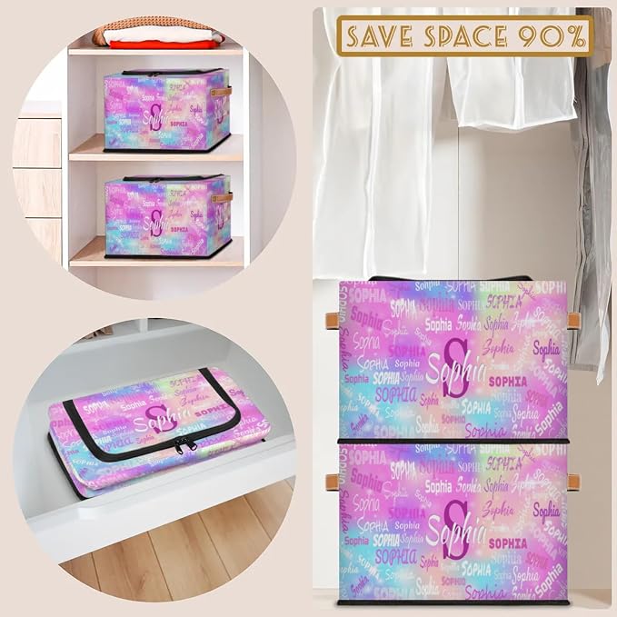Custom Name Storage Bin with Lid Zipper, Personalized Storage Basket with Handles for Organizing Boys Girls Toys Office Closet Shelf Baskets, Watercolor Colorful Pink Blue Galaxy Background