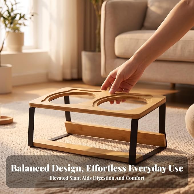 Cat Bowl Stand Elevated Feeder Raised Holder Double Dish Organizer Bamboo Wood and Iron Tilted Frame with Space Saving Design Suitable for Cats and
