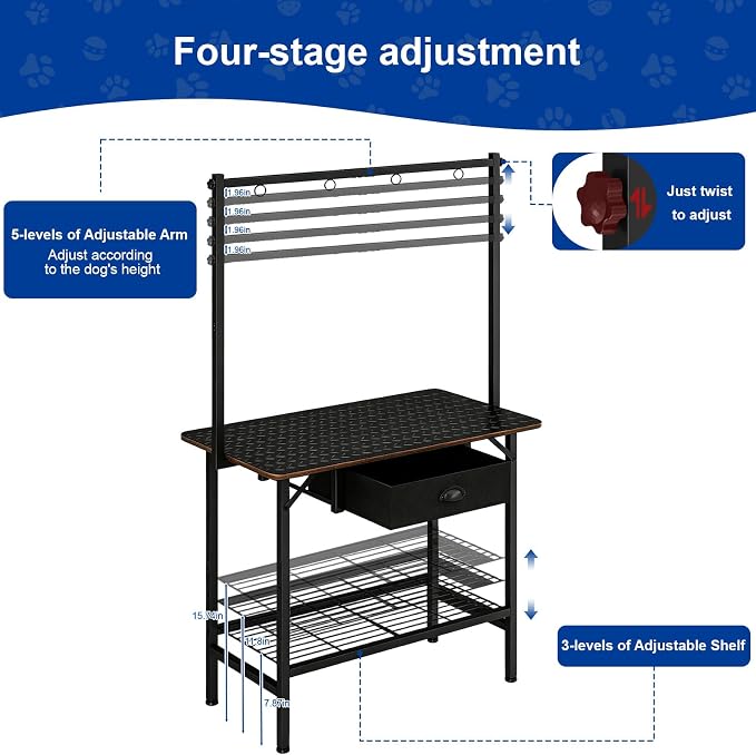 32 Inch Adjustable Dog Grooming Table with Drawer & Non-slip Removable Mat | Pet Grooming Table with Mesh Tray & EVA Protective Lanyard,Professional Grooming Table for small Dogs at Home
