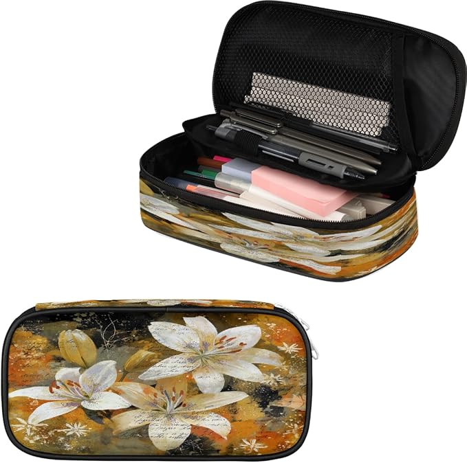 Vintage White Flower Pencil Case Pouch, Big Capacity Waterproof Pen Bag for Students Teens Adults, Large Storage Organizer for Stationery