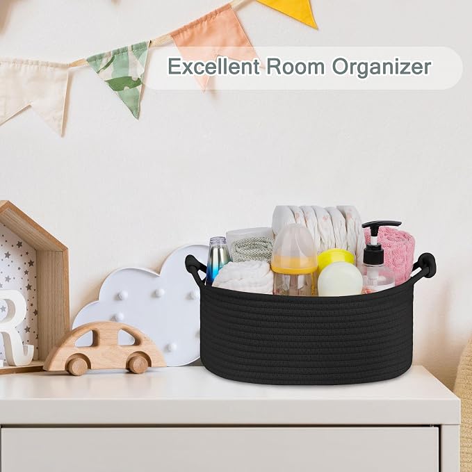 COMSE Small Gift Basket Empty with Bag & Ribbons, Solid Black | Cotton Rope, 12"x 8"x 5", Pet Toy Storage Organizer, Woven Basket for Birthdays, Baby Showers, Mother’s Day, Valentine’s Day