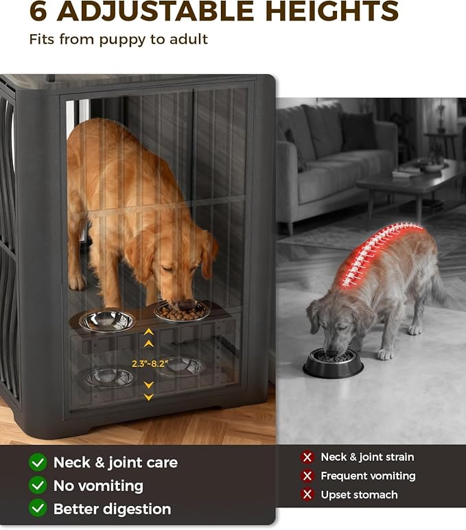 48 Inch Large Dog Crate Furniture, Heavy Duty Wood Dog Kennel Furniture Indoor for Large and Medium Dogs, Pet Crate Furniture with Adjustable Rotating Hanging Bowl and Table, Grey