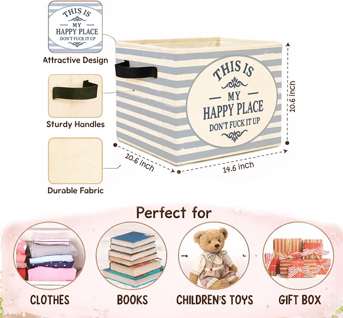 Happy Place Storage Bin, Foldable Fabric Basket for Home Organization | Foldable fabric storage bin with happy place quote design for toys, books, clothes, bedroom, closet, living room, and office.