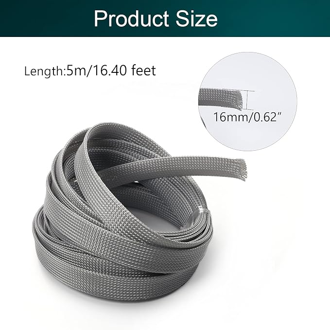 Jutagoss PET Expandable Braided Cable Sleeve, 16.4ft - 5/8 inch Gray Cable Management Sleeve, Wire Loom Tube Cord Protector for USB Cable, Power Cord, Audio Video and More, 1Pc