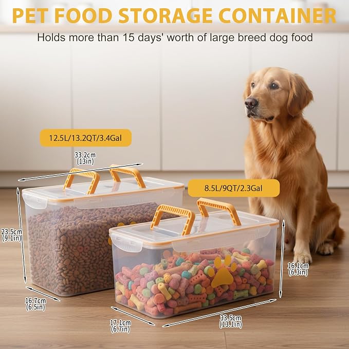 2-Piece Dog Food Container with Handle,20lb Airtight Pet Food Storage Bin for Dogs Cats, Large Capacity Kibble Container for Kitchen Counter,Stackable and Keep Food Fresh Crispy-BPA free