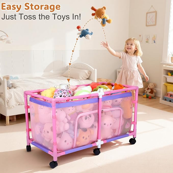 FIOBEE Toy Box for Girls Boys with See-Through Mesh & 360° Rotating Wheels | Kids Toy Chest Organizer, Stable Structure & Easy Install, Extra Large Storage Bin for Clothes, Ball, Pet Toys, Swimming Ring