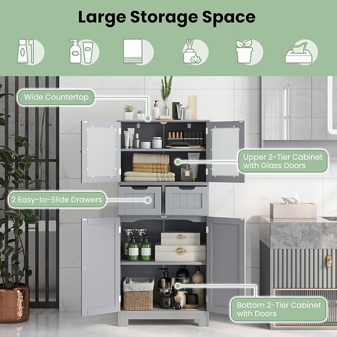 LOKO Bathroom Cabinet, Linen Storage Organizer with Doors & Drawers, Wooden Floor Cabinet with Adjustable Shelves for Bathroom, Living Room or Kitchen (Grey)
