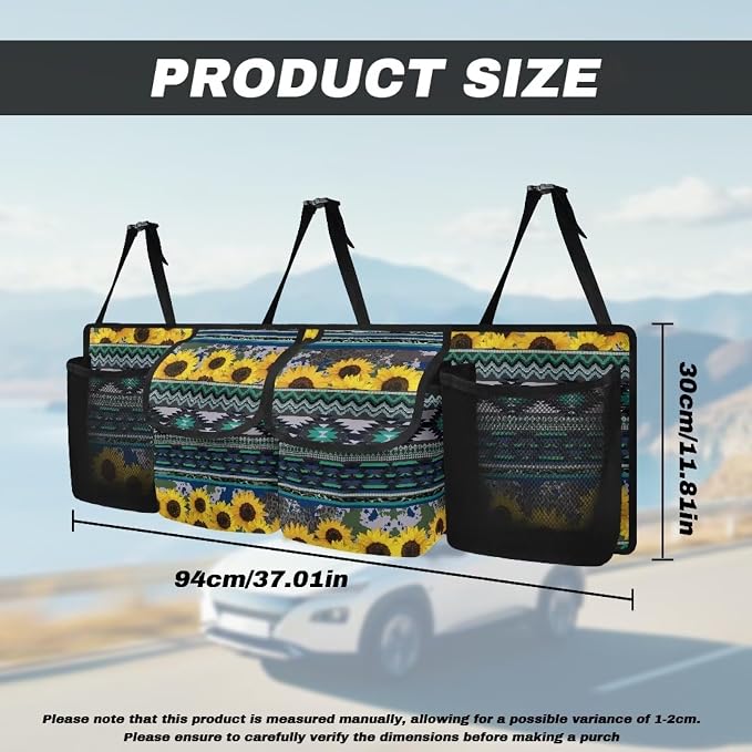 Dreaweet Sunflower Aztec Trunk Organizer for Car Women Green Back Seat Hanging Organizer with 4 Pockets Portable Collapsible Trunk Organizer for SUV Sedan Van Car Storage Accessories Interior