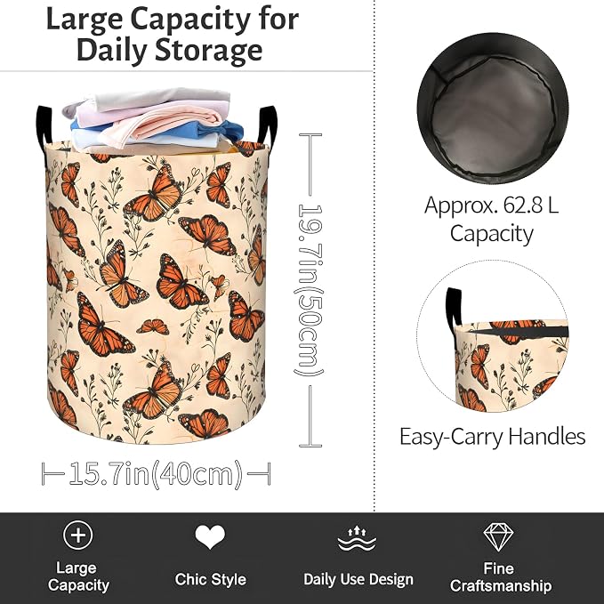 Butterfly Laundry Basket, Vintage Butterflies Foldable Oxford Cloth, Waterproof Dirty Clothes Hamper with Handles, Clothing Storage Bin Toy Organizer for Bedroom Dorm Bathroom, 19.7"x15.7"