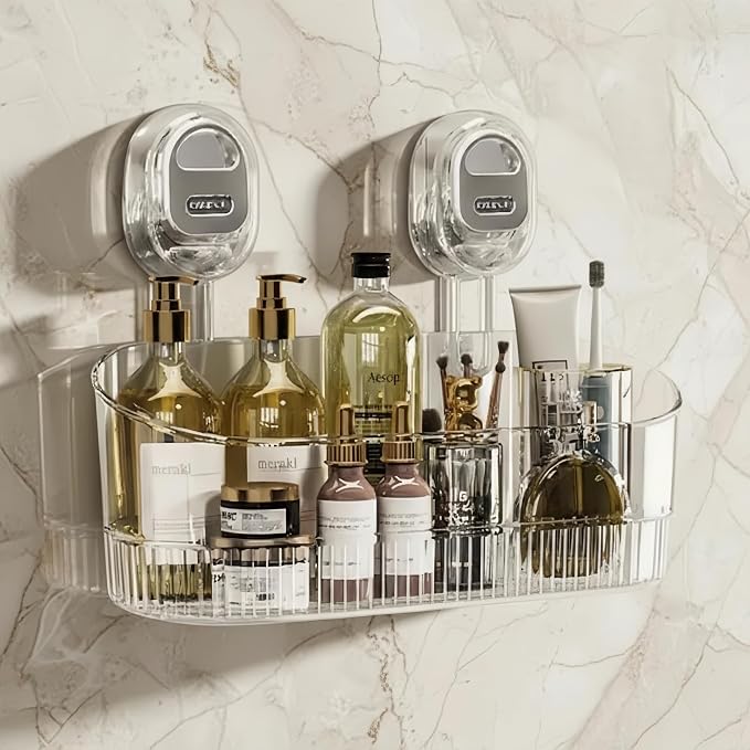 No-Drill Wall Mount Storage Box with Wave-Grip Suction Cups | Transparent PET construction.Tool‑free wall caddy,compact storage for cosmetics & toiletries in bathroom