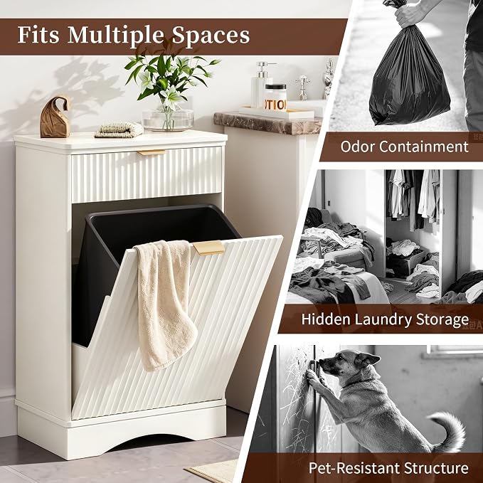 Dog Food Storage Cabinet, Pet Feeding Station with 2 Hidden Bowls, White