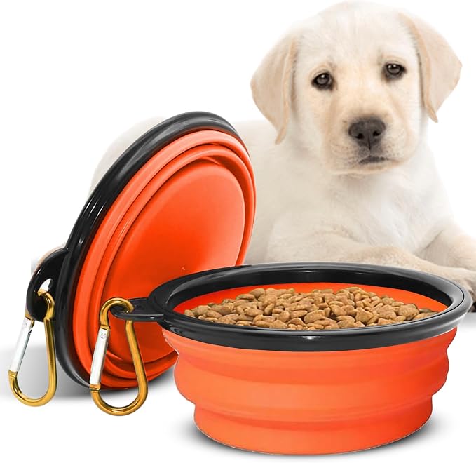Collapsible Dog Bowls for Travel, BPA Free, Orange | Travel, Portable Water Bowl, Food, Foldable Pet Feeding Dish, Walking Hiking Camping with Carabiner, Dogs and Cats