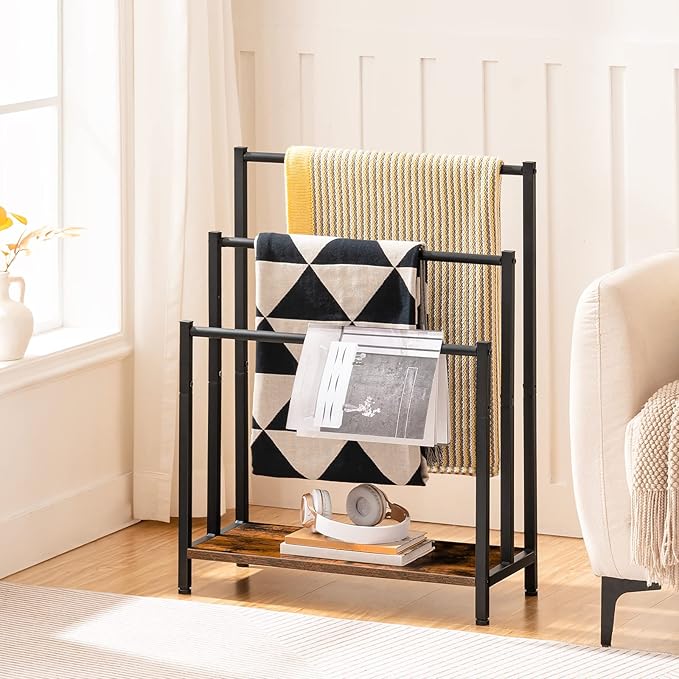 HOOBRO Free Standing Towel Rack, 3 Tier Blanket Rack, Blanket Holder for Bathroom, 23.6" L x 11" W x 31.9" H, Industrial Metal Drying and Display Rack with Shelf, Rustic Brown and Black BF06LB01