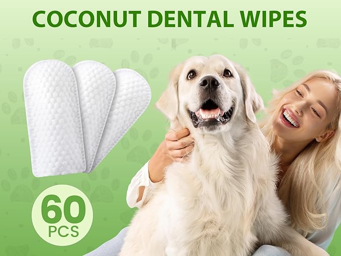 Dog Dental Care Wipes - Dog Teeth Cleaning Wipes & Pet Teeth Cleaning Wipes for Dogs & Cats - Reduces Plaque, Freshens Breath - Easy-to-Use Dog Dental Care Solution (60 PCS, Coconut)