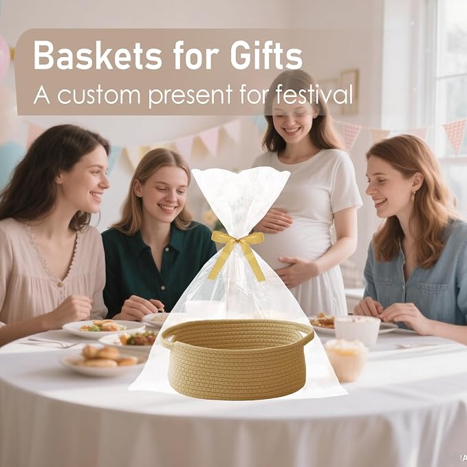 JMvicyroam Small Woven Basket, Empty Gift Basket, Jute/3 Pack | Small Gift Basket, Cotton Rope, 12 x 8 x 35 in, Handles, Includes Ribbon and Bag, Birthday Gift Basket