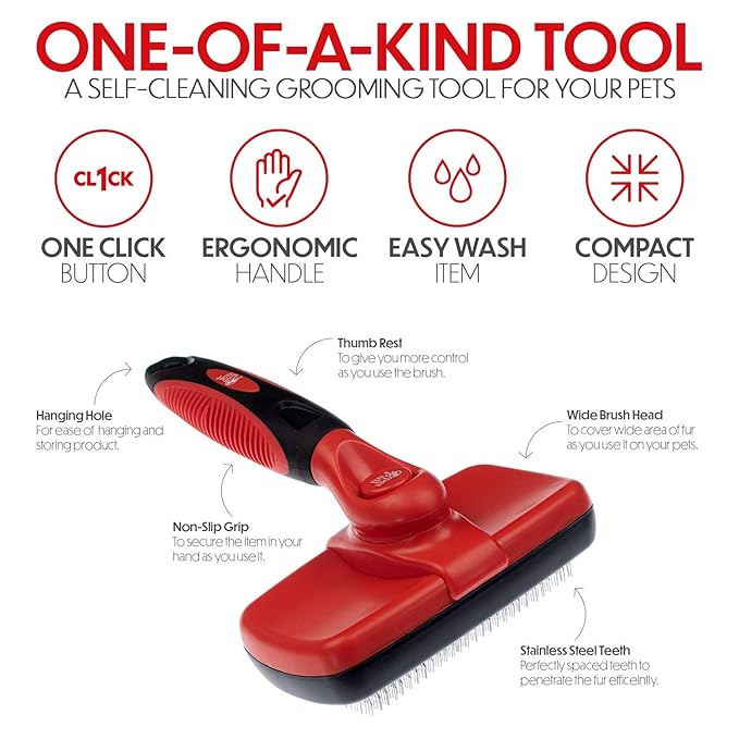 Self Cleaning Slicker Brush for Cat and Dog Coat - Detangler Dog Brush for Shedding & Grooming - Super Easy to Clean Deshedding Grooming Tool Removes Loose Pet Hair, Mats and Tangles (Red)
