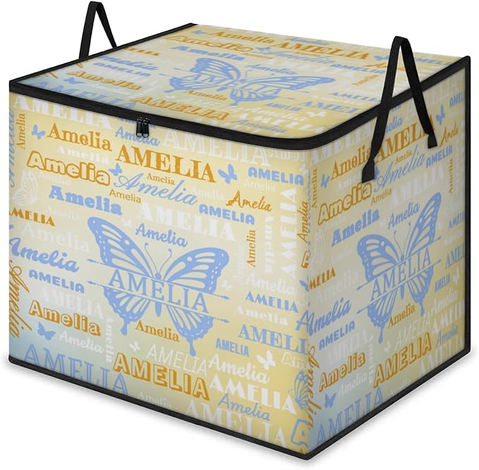 Personalized Storage Bins with Lid, Customized Name Jumbo Storage Basket Rectangle Clothes Organizer for Organizing Kids and Pets Toys Shelf Closet, Gradient Yellow Blue Butterflies