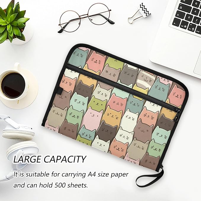 13 Pocket Zipper Expanding File Folder A4 Cat Funny Cartoon | Accordion File Organizer with Front Pouch A4 Letter Size Portable Folders for Documents Receipt School Office Supplies