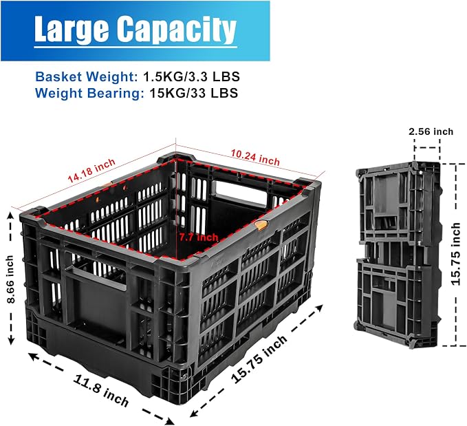 YEEGO DIRECT Bike Basket Rear,Foldable Bike Cargo Basket, Plastic Collapsible Basket for Bicycle, Rear Bike Baskets Storage Bike Milk Crate Rear Rack,Waterproof Cover for Outings,Pets E-Bike
