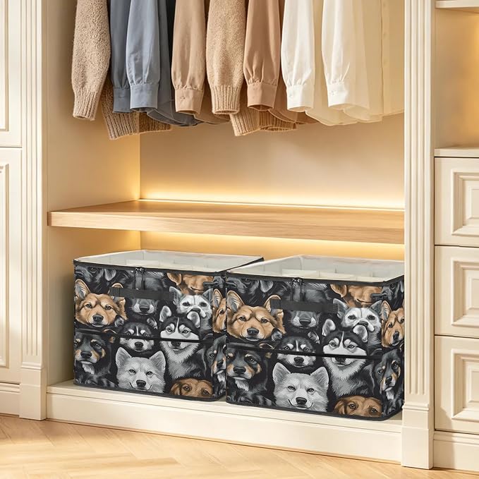 TropicalLife Funny Dog Faces Shoe Organizer for Closet | Foldable Shoe Storage Organizer Box Bin with Adjustable Dividers and Clear Cover, Fits up to 16-32 Pairs