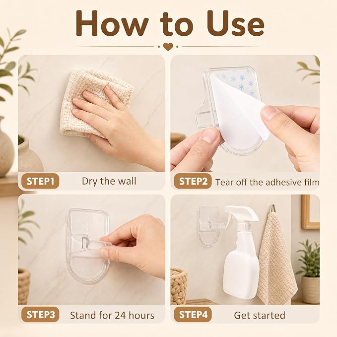4 Pcs Wall Mount Spray Bottle Hooks Holder Spray Bottle Hanger Adhesive Hook to Create Storage Space Rack Organizer Hanger for Cabinet Kitchen Variety Surfaces (Clear)