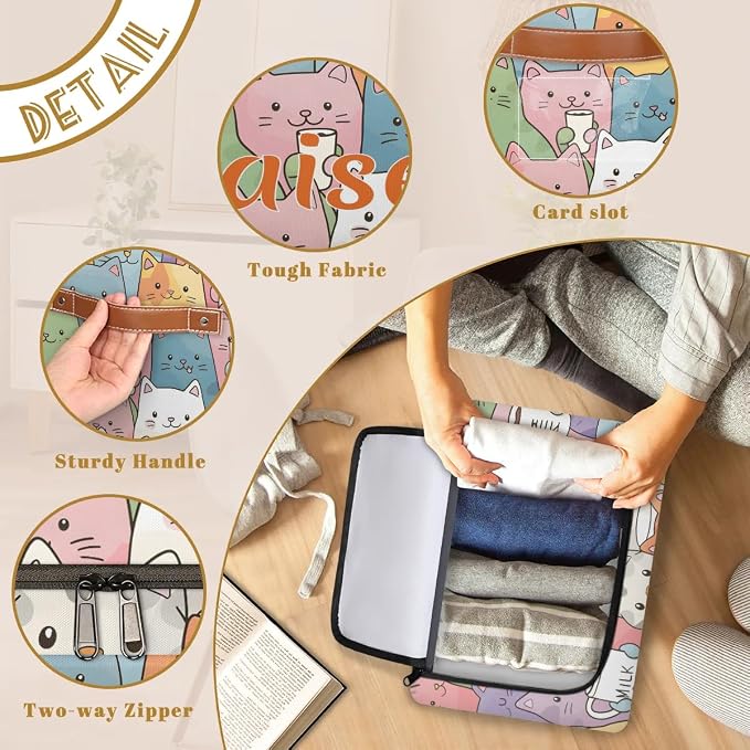 Custom Cute Cats Storage-Bin With Zipper Lid for Kids-Girls-Boys-Baby-Pet,Personalized Name Foldable Storage Box with Handle,Baby Basket With Label for Bedroom Nursery Toy Clothes,Multi