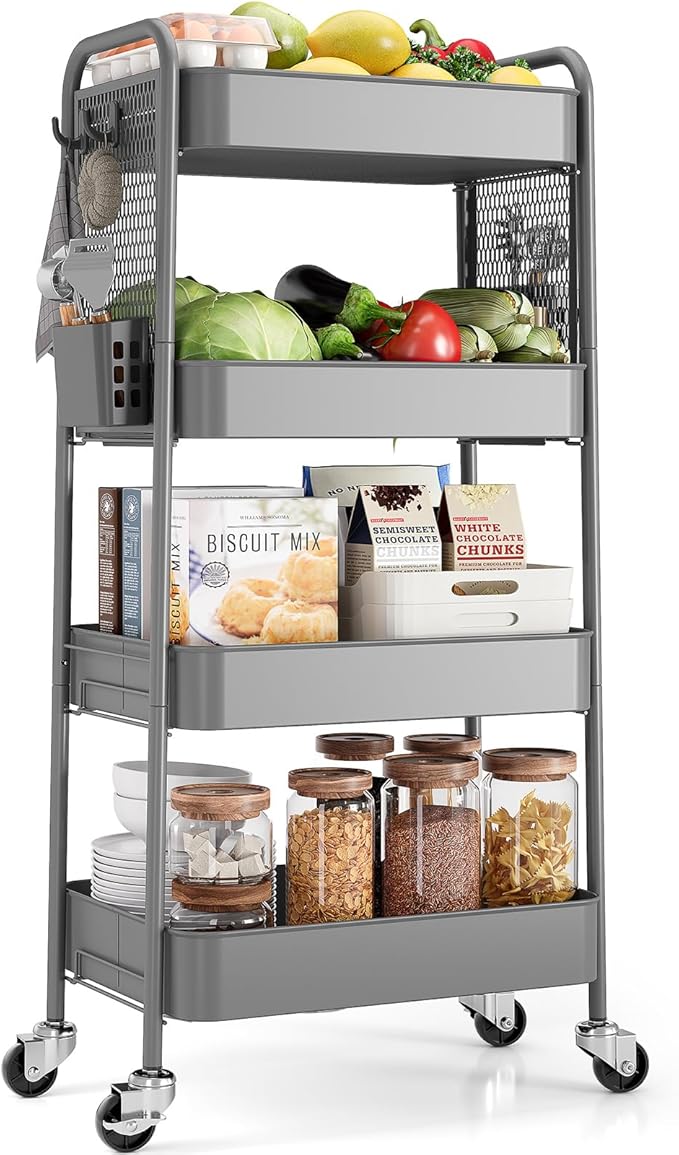 TOOLF 4 Tier Rolling Cart, Metal Utility Storage Cart with Pegboard, Grey | 2 Bins & 4 Hooks, Screwless Assembly, Lockable Wheels, Trolley Organizer for Bathroom, Kitchen, Office, Dorm, Craft Room
