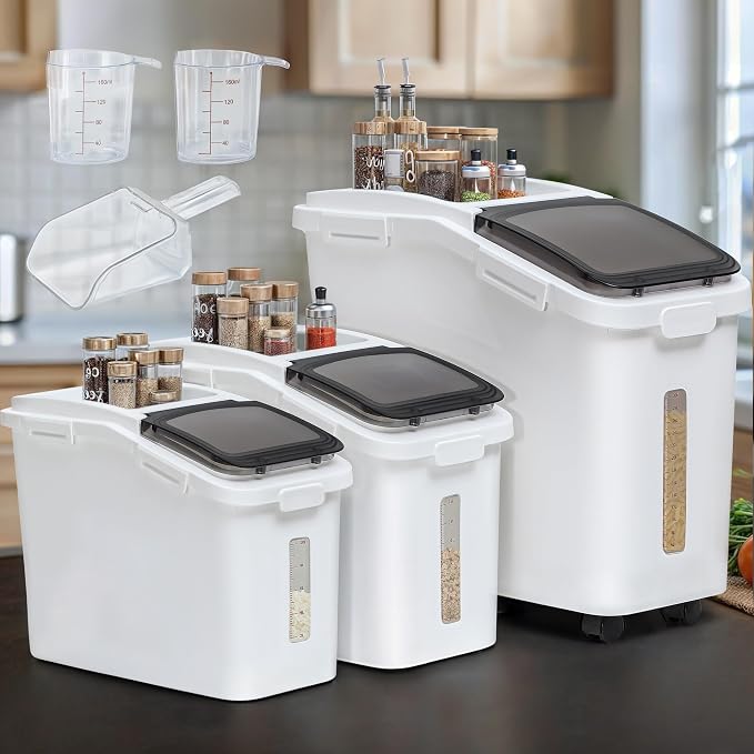 YITAHOME Ingredient Storage Bin, 20.6 Gal(11.4+5.8+3.4 Gal) Commercial Rice Flour Storage Container 500 Cups Storage Bins with Wheels Shelf-storage Bin with Scoop and Lid, Rice Bin for Kitchen, White
