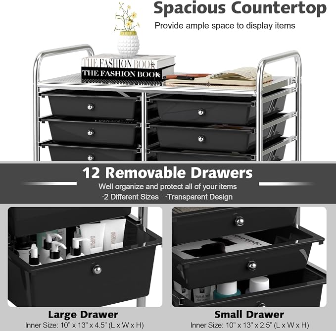 12 Drawer Rolling Storage Cart, Art Cart Organizer on Wheels, Mobile Utility Cart with Drawers, Multipurpose Craft Drawers for Home Office School Classroom (Black)