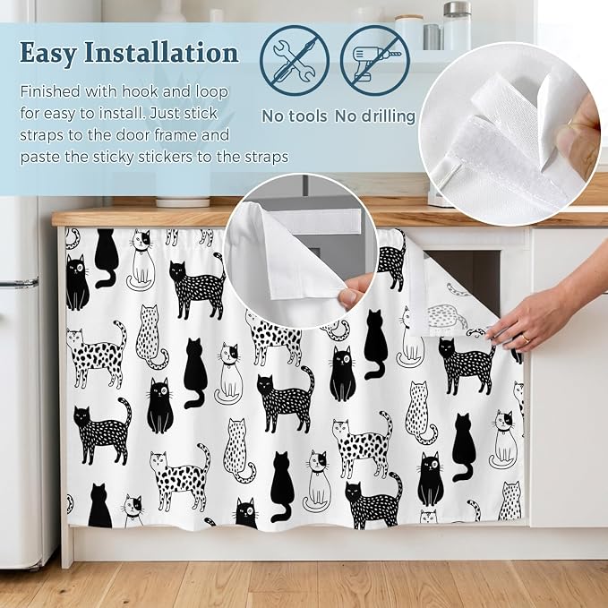 Cat Animal Small Sink Skirt 10"Wx11"L,Dustproof Under Sink Curtain with Self Adhesive Tape,Black White Earthy Tone Pet Modern Minimalist Cabinet Curtain Cover for Bathroom Vanity,Kitchen Storage Shelf