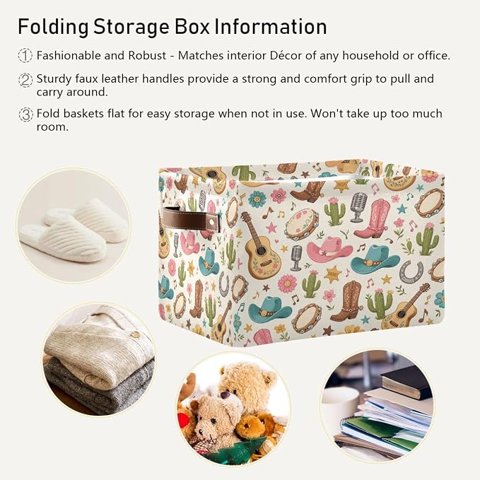Kigai Storage Basket, Fabric Collapsible Closet Organizer Bin | Western Print Waterproof Foldable Canvas Basket with Handles for Shelves, Nursery, Closet, Bedroom & Bathroom