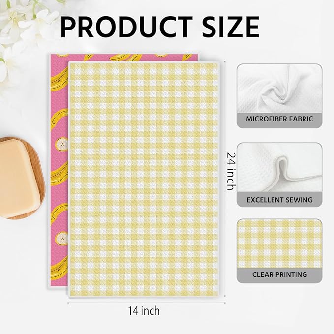 Banana and Yellow Checkered Kitchen Towels, Quick Dry Multipurpose Waffle Weave Hand Towels for Bathroom, Absorbent Reusable Cloth Tea Dish Towels for Home Decor, Banana Lover Gift Towel Set of 2