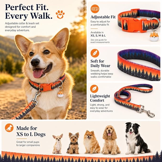 Matching Dog Collar and Leash Set with AirTag Holder-Forest/S | Anti-Lost,Adjustable Durable Pet Collar Leash Combo for Small Boy Girl Dogs,for Outdoor Walking Hiking Training Running