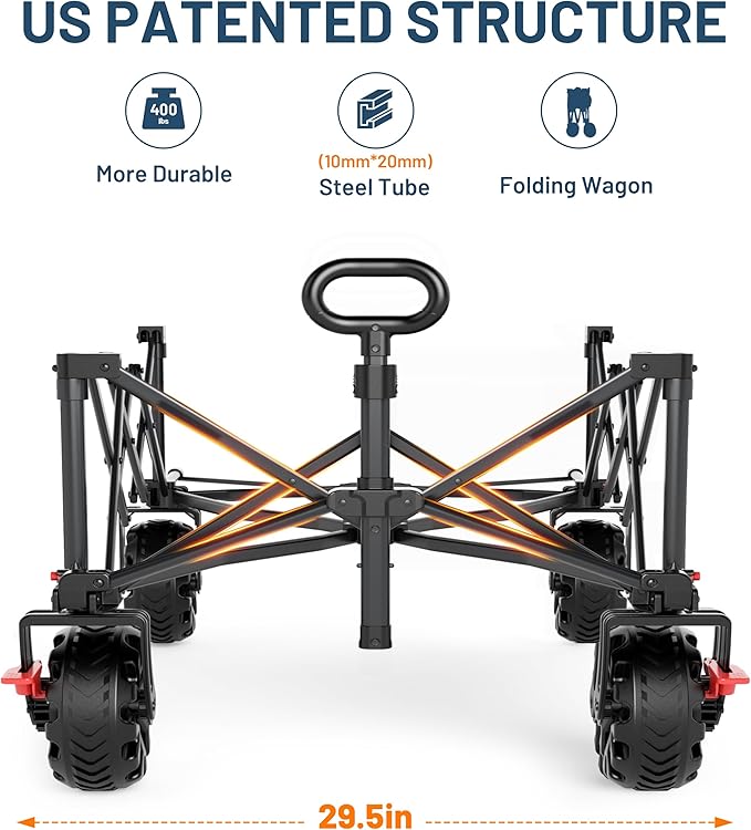 TIMBER RIDGE 600L Beast Wagon 26" W Extra Wide All Terrain Folding w/Big Wheels, Cargo Net & Tailgate, 26" W and 54.5" L, 400lbs Heavy Duty Collapsible Portable Cart for Camping, Sports, Dogs, Blue