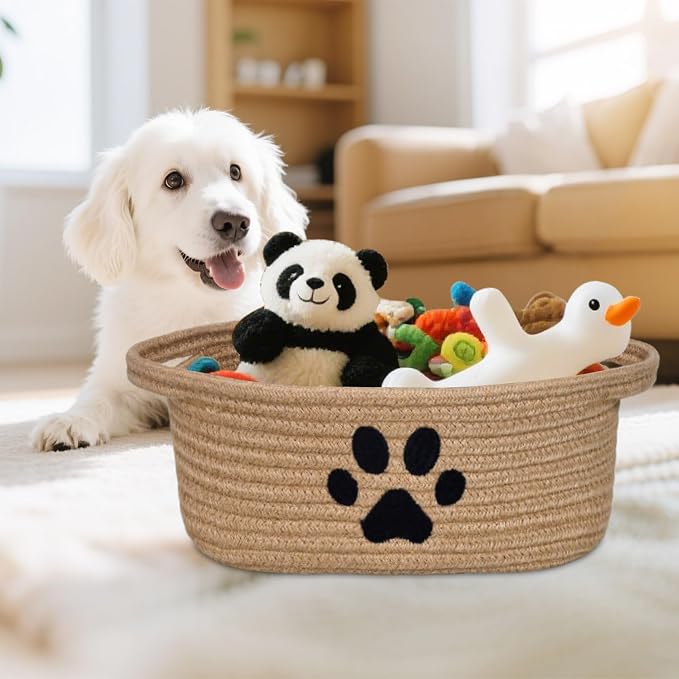 ABenkle Small Woven Basket with Handle, Cute Dog Baskets for Gifts Empty, Decorative Rope Woven Storage Dog Toy Basket, Nursery Baskets for Baby Shower, 12" x 8" x 5"