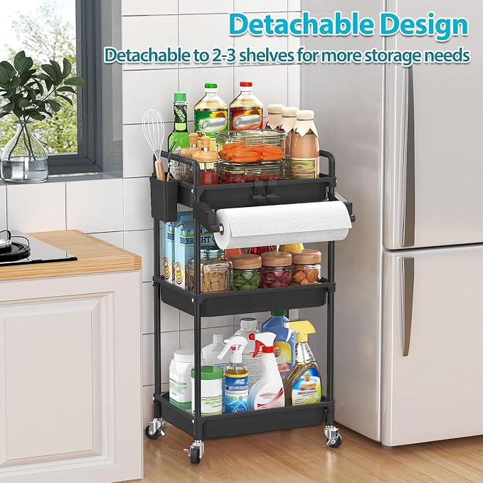 SPACEKEEPER Rolling Storage Cart, 3 Tier Utility Cart for Bathroom, Black | Rolling Cart with Lockable Wheels, Towel Rack, Hooks & Cup for Laundry Room,Kitchen,Office, Snack,Craft,Art,Makeup,Nail,Toys