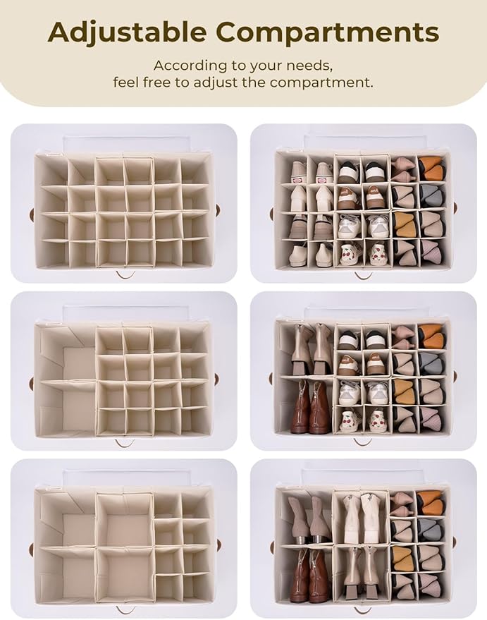 StorageWorks 24-Pair Large Shoe Organizer for Closet, Brown and White | Adjustable Dividers, Holds up to 24 Pairs, Foldable, Clear Lid, Soft Handles, Fits Sneakers, Sandals & Flats, For Mudroom