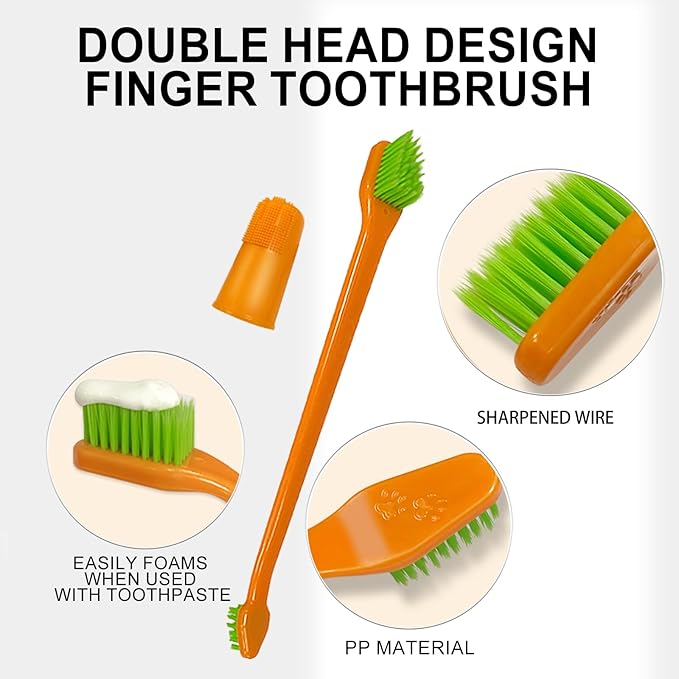 HOP 7 Pack Pet Toothbrush kit Orange 4 Angled Double-Head Dog Toothbrushes 3 Dog Finger Toothbrushes Soft Nylon Bristle Dog Toothbrush Refill Puppy Tooth Brushing Kit Pet Dental Care for Dogs and Cats